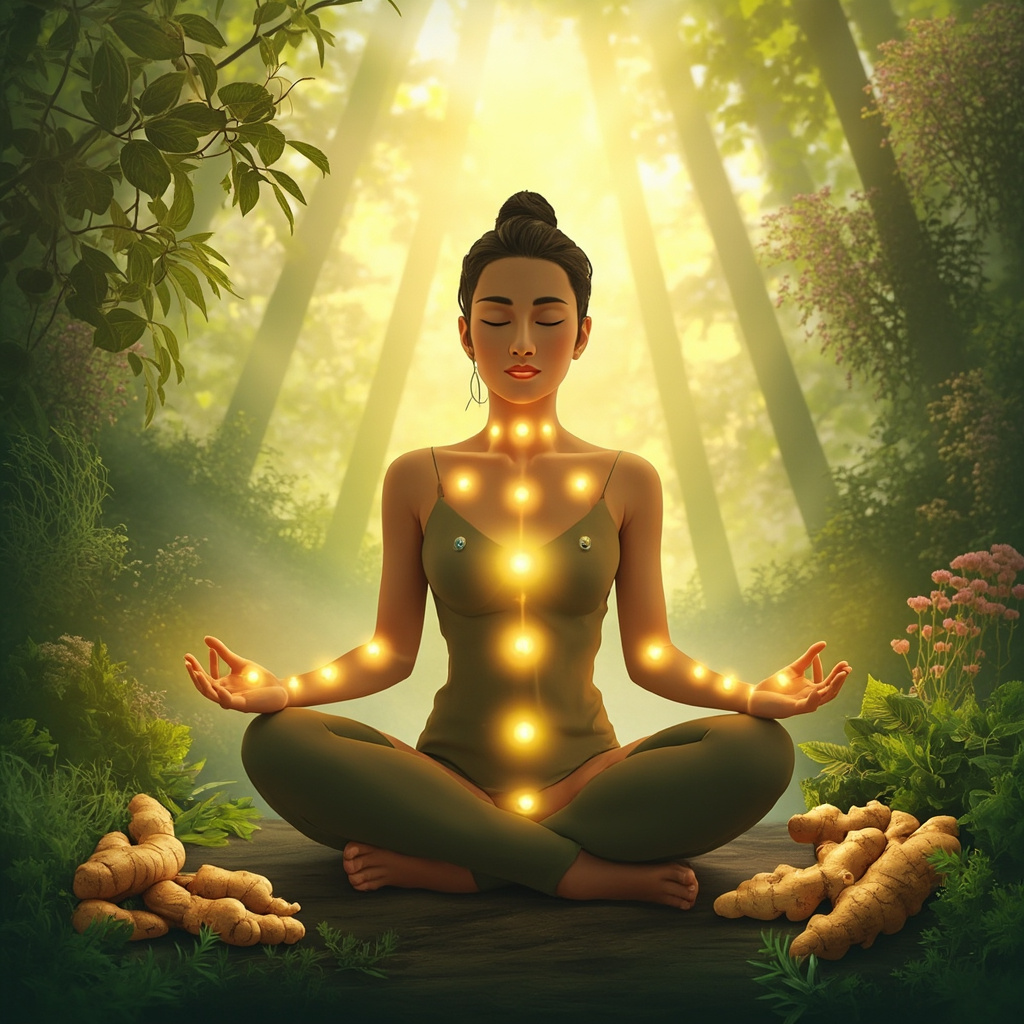 Serene illustration of a person in meditation pose with soft glowing acupuncture points LI4 on hand, CV22 at throat, LU10 on wrist, ST36 below knee; surrounded by nettle, ginger, and licorice herbs, evoking allergy throat relief in spring nature.