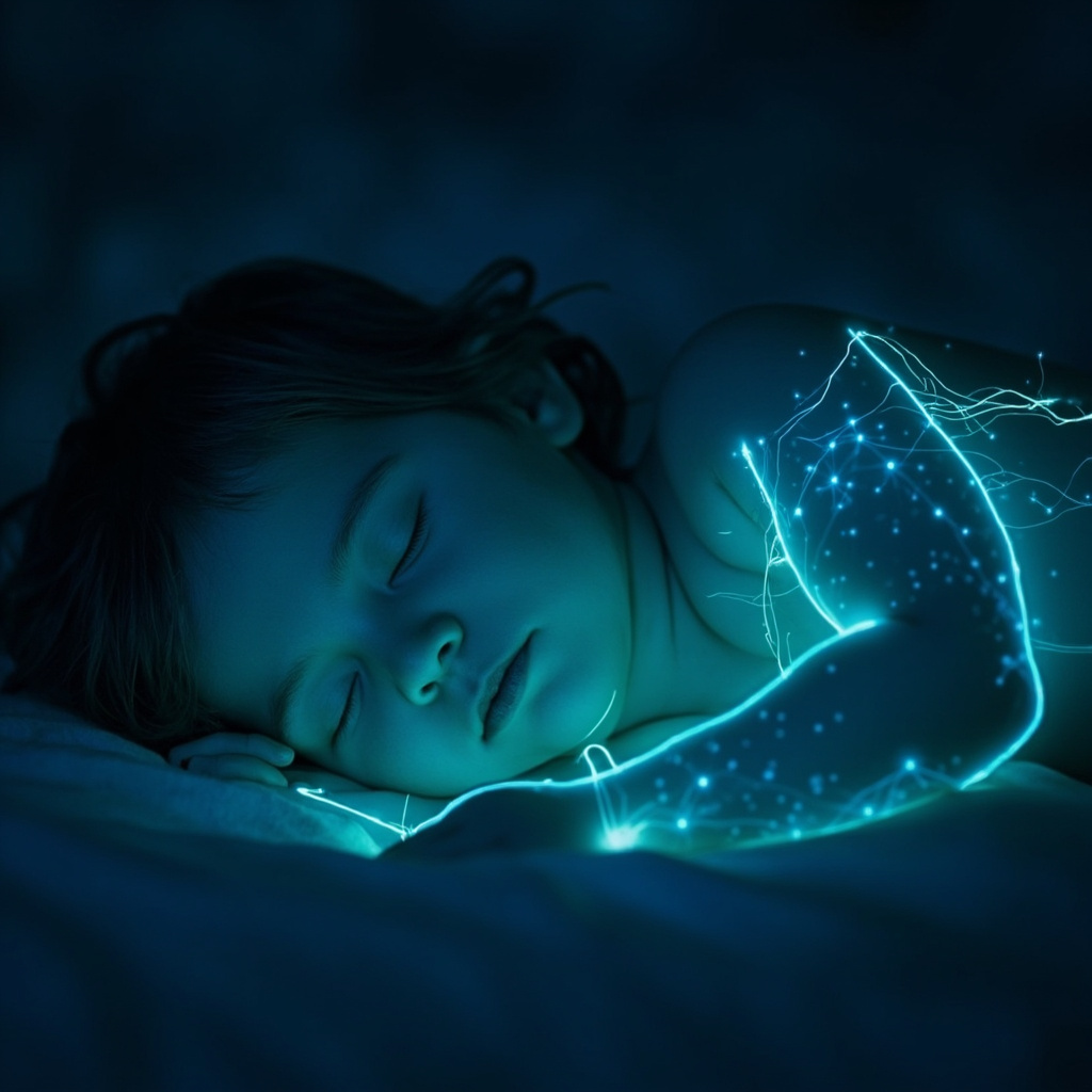 Serene illustration of a young child sleeping peacefully at night, soft glowing acupuncture points on lungs, arms, face, and head connected by energy meridians in calming blue-green tones, natural healing vibe.