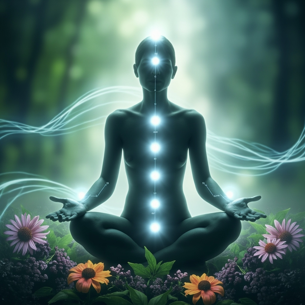 Serene illustration of human silhouette with glowing acupuncture points LI4 on hand, LU7 on arm, ST36 on leg, BL12 on back, PC6 on wrist, surrounded by echinacea flowers, elderberry clusters, soft energy waves in green and blue tones, evoking immune strength and vitality.