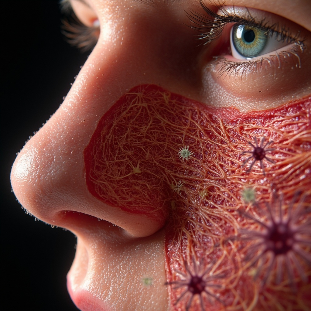 Close-up anatomical illustration of human nasal passages: left side healthy pink mucosae with glistening protective mucus layer trapping particles; right side inflamed, dry, cracked mucosae with bacteria and allergens invading, subtle emotional icons like a wrinkled nose for disgust.