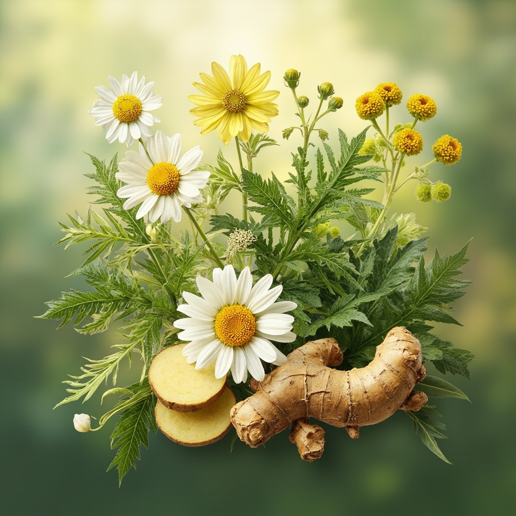 Serene illustration of vibrant herbs including astragalus roots, ginger, chamomile flowers, nettle leaves, and elecampane in a soft glowing arrangement symbolizing renewed energy, strong immunity, and balanced vitality against a calming green background.