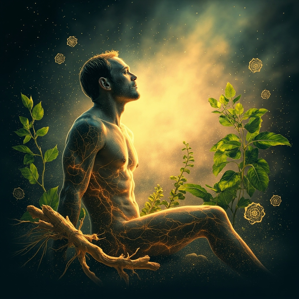 Vibrant illustration of astragalus roots, ginseng berries, echinacea flowers, and ashwagandha leaves arranged around a serene figure emerging from fatigue into glowing vitality, soft earthy green background with subtle energy waves.