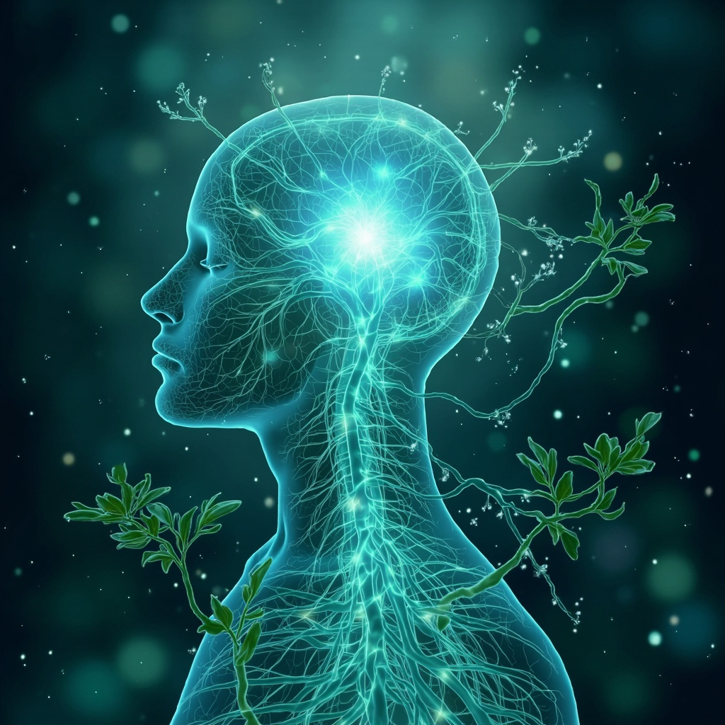 Serene illustration of human nervous system with glowing brainstem and spinal cord, blood vessels relaxing under soft frequency waves and herbal leaves like ashwagandha, calm blue-green tones, before-and-after stressed to balanced person.