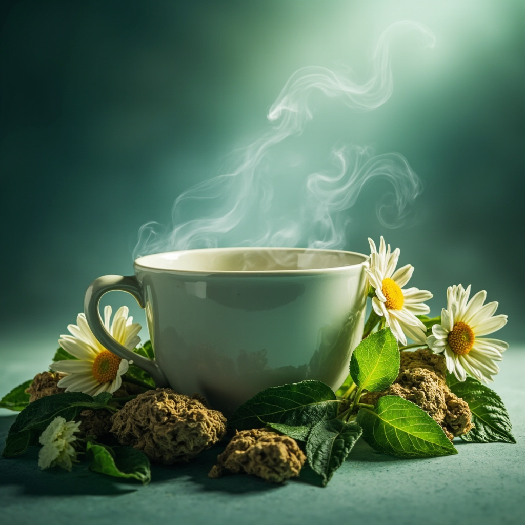 Serene illustration of chamomile flowers, lemon balm leaves, and ashwagandha roots arranged around a steaming herbal tea cup, with soft glowing light and calming green-blue tones, evoking peace and natural healing.