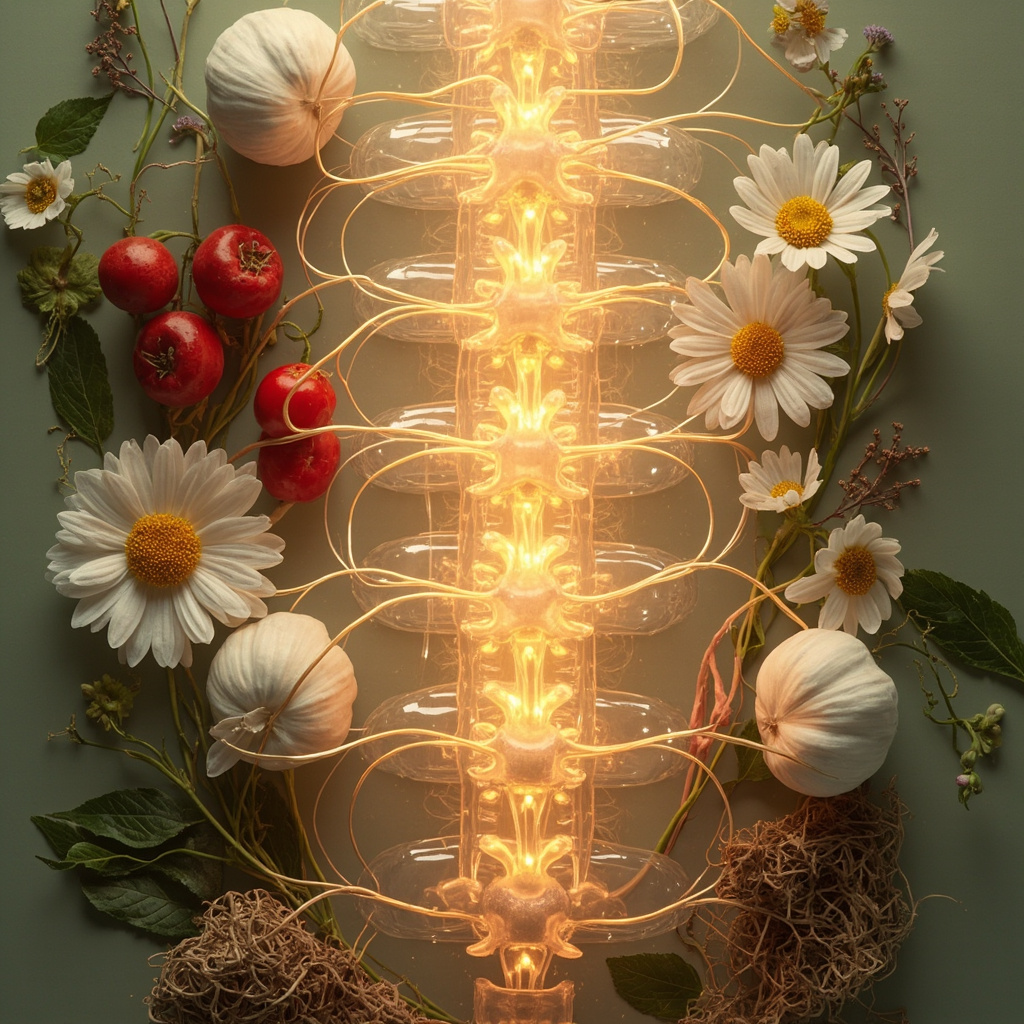 Serene illustration of spinal cord with glowing vasomotor nerves regulating blood vessels, surrounded by hawthorn berries, garlic bulbs, chamomile flowers, and ashwagandha roots in soft earthy tones, evoking balance and healing.