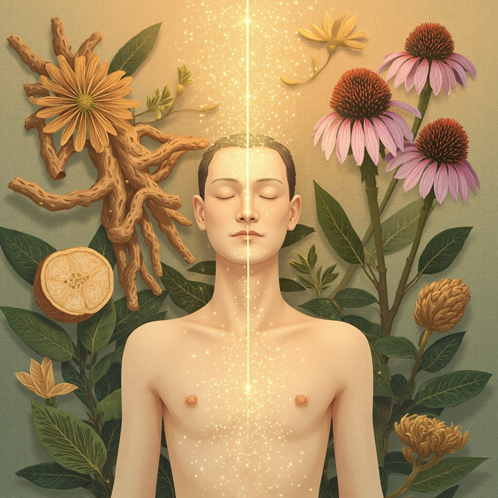 Soft illustration of vibrant herbs like astragalus roots, echinacea flowers, and ashwagandha leaves surrounding a relaxed human figure with glowing energy lines from head to chest, evoking renewed vitality and immune strength, in calming earth tones.