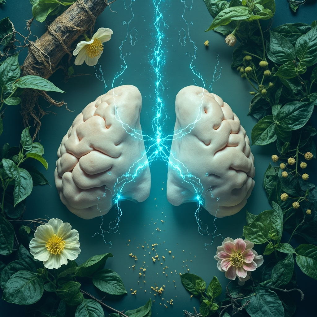 Serene illustration of pituitary and adrenal glands connected by glowing energy lines, surrounded by ashwagandha roots, rhodiola flowers, and holy basil leaves, in soft blue and green tones symbolizing balance and calm.