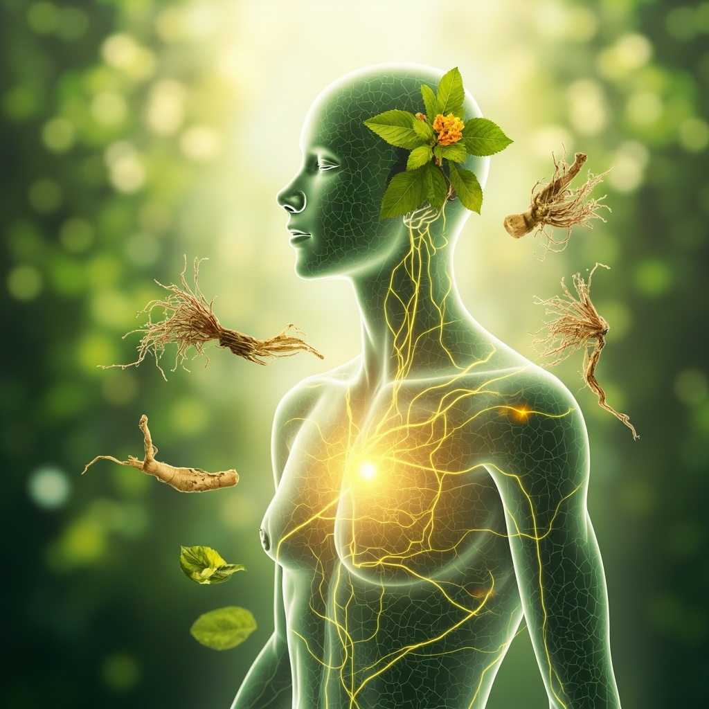 Soft glowing illustration of human energy meridians with green herbs like astragalus roots, ginseng, and leaves emanating vitality light around the chest, spleen area, and head, in a calming natural background.