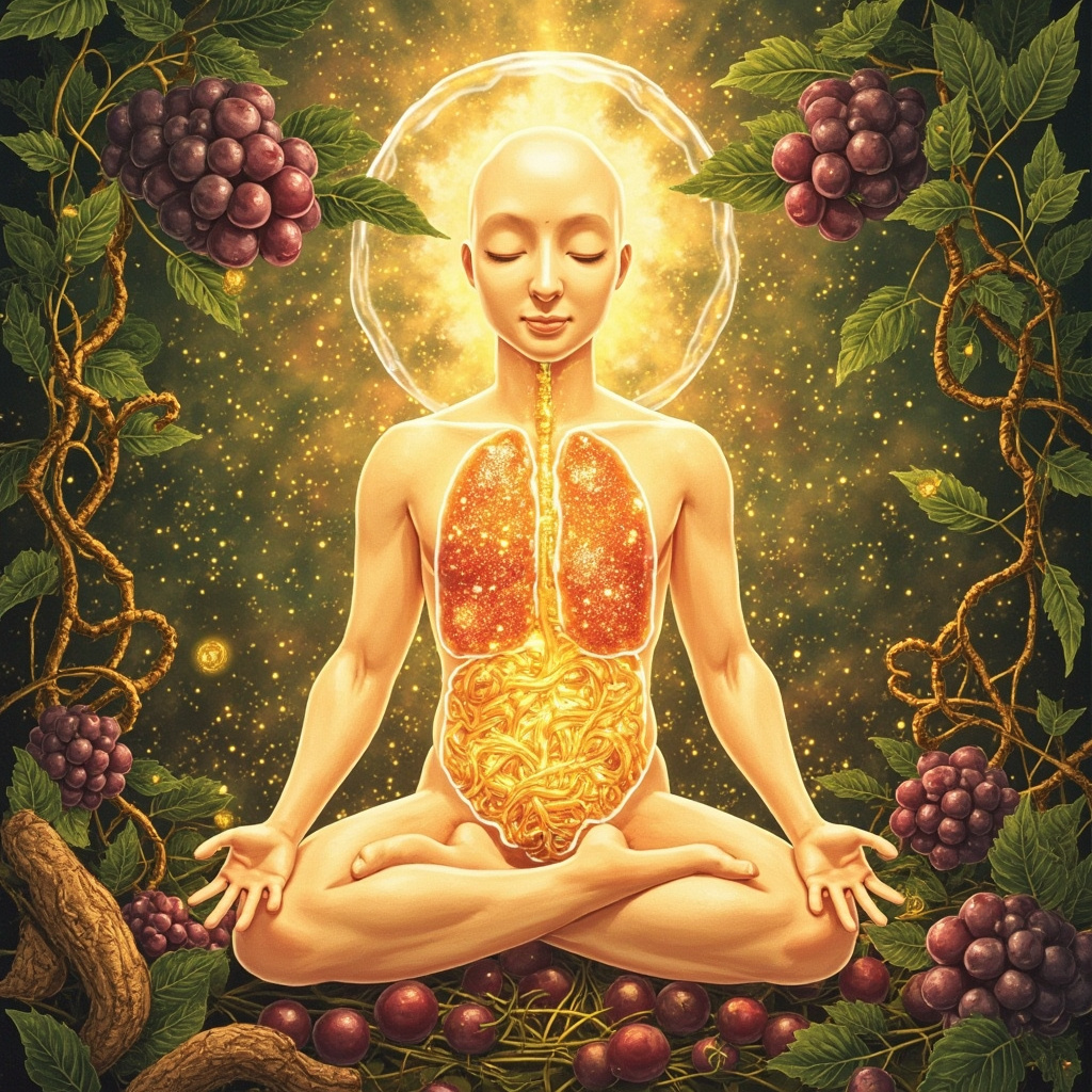 Vibrant illustration of astragalus roots, elderberry clusters, nettle leaves, and golden qi energy flowing through lungs and spleen in a serene human figure, soft earthy tones with glowing protective shield against seasonal pollen and viruses.