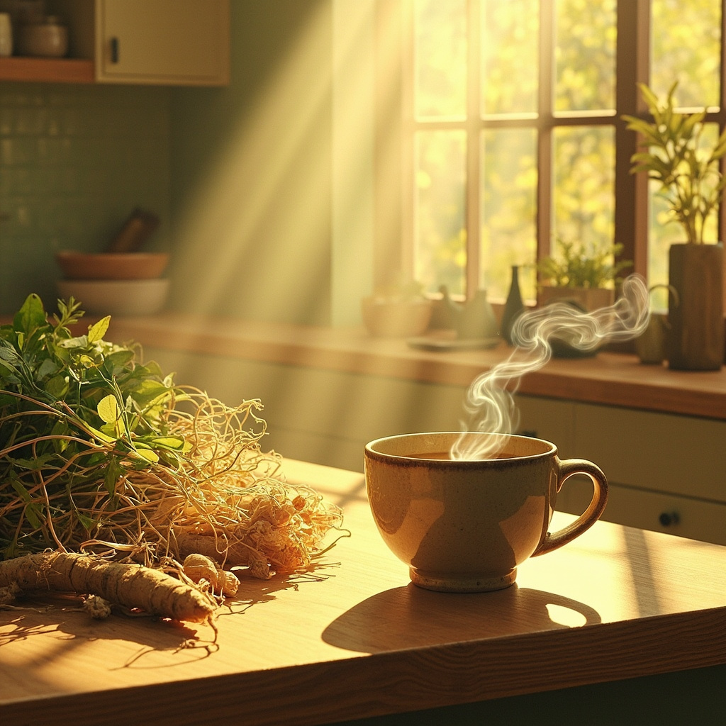 Illustration of fresh astragalus roots, ginseng plants, and a calm person sipping herbal tea in a sunlit kitchen, soft earthy tones, promoting vitality and health