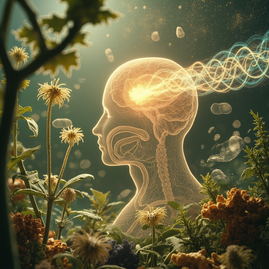 Illustration of gut microbiome with Bacteroides fragilis bacteria, connected by glowing gut-brain axis to a brain showing anxiety waves turning to calm, surrounded by herbal leaves like ginger and milk thistle, in soft natural colors.