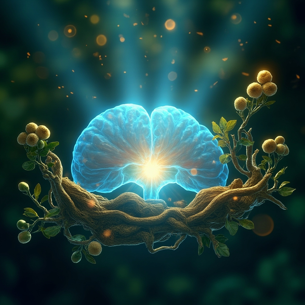 Serene illustration of a glowing pituitary gland in soft blue light, surrounded by chasteberry branches, ashwagandha roots, and a nurturing embrace, in calming green and gold tones