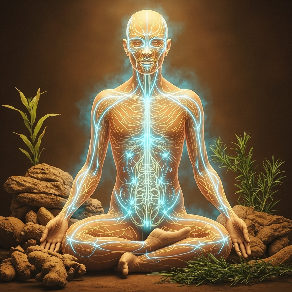 Serene Ayurvedic illustration of glowing energy pathways flowing through the human circulatory system, ligaments, and connective tissues, surrounded by herbs like Arjuna bark, ginger roots, Punarnava leaves, and rosemary sprigs, in warm earthy tones with soft blue highlights.