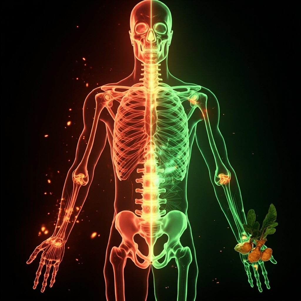 Illustration of glowing tendons connecting muscles to bones, one side inflamed red with pain lines, other healthy green with herbal turmeric roots and leaves around, soft energy waves