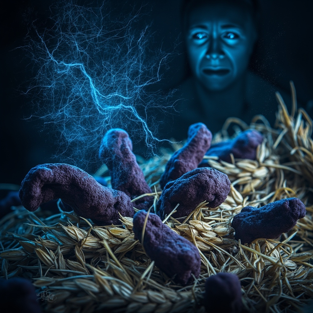 Illustration of purple ergot fungus on rye grains, with subtle overlays of constricted blood vessels, anxious face, and tingling limbs in soft blue tones.