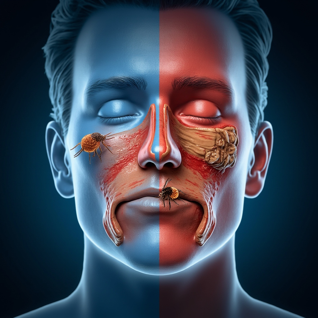 Illustration of inflamed human sinuses from dust mite allergy: red swollen cavities with tiny mites, mucus blockage, contrasted by clear balanced side; medical style, blue tones.