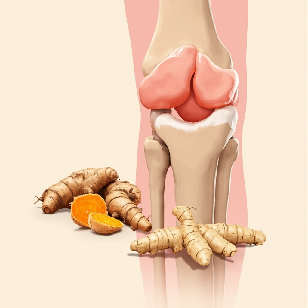 Illustration of smooth pink cartilage cushioning knee bones, flexible and vibrant, with green turmeric roots and ginger nearby, soft light, high detail.