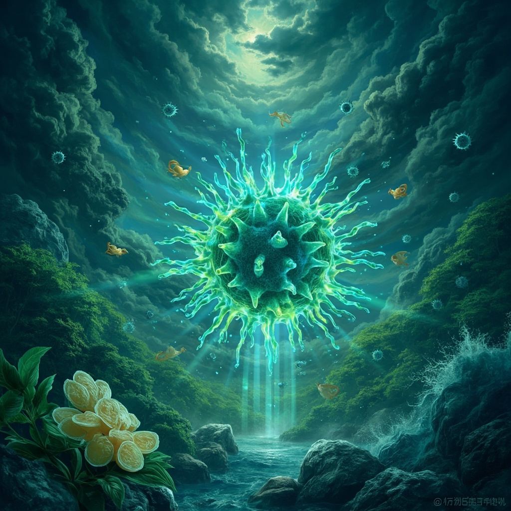 Illustration of glowing T-cells as warriors defending body from viruses, with herbal plants and calming frequency waves balancing stress clouds, vibrant blues and greens.
