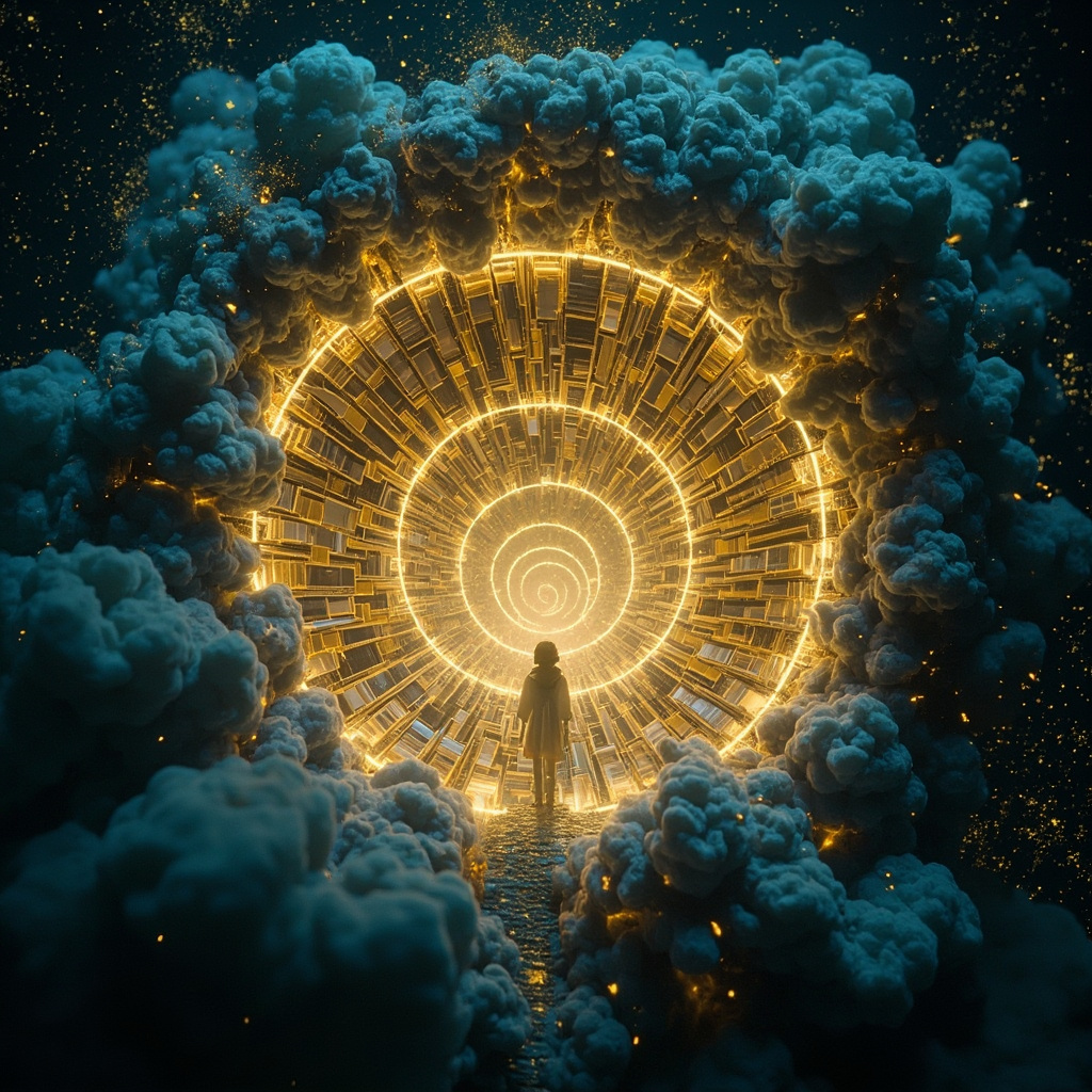 Illustration of a neuron cell nucleus as a glowing library in a brain cell, frequency waves tuning it to clarity, brain fog dissolving into light, serene figure finding purpose, in calming blues and golds.