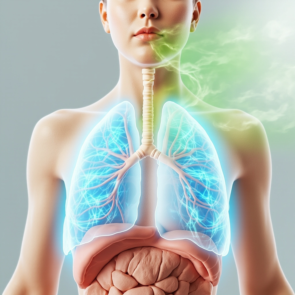 Serene anatomical illustration of the human diaphragm muscle during deep inhalation, dome-shaped under lungs expanding with blue oxygen flow waves, green vitality aura, soft educational style for health article.