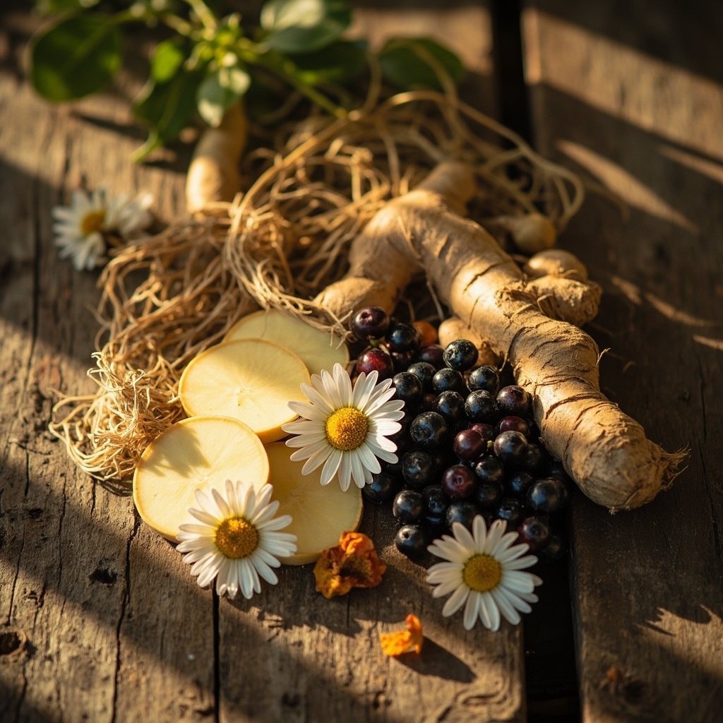Serene illustration of astragalus roots, ginger, elderberries, chamomile flowers, and ginseng on a wooden surface with soft autumn light filtering through leaves, symbolizing natural seasonal immune support.