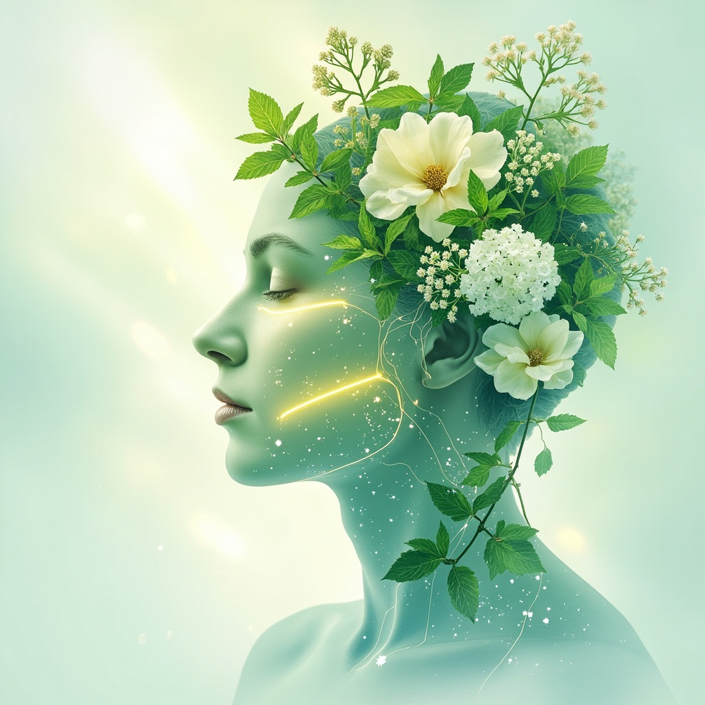 Serene illustration of a human profile with glowing clear sinuses, surrounded by fresh herbs like nettle, elderflower, mint, and magnolia flowers in soft green and blue tones, healing light rays