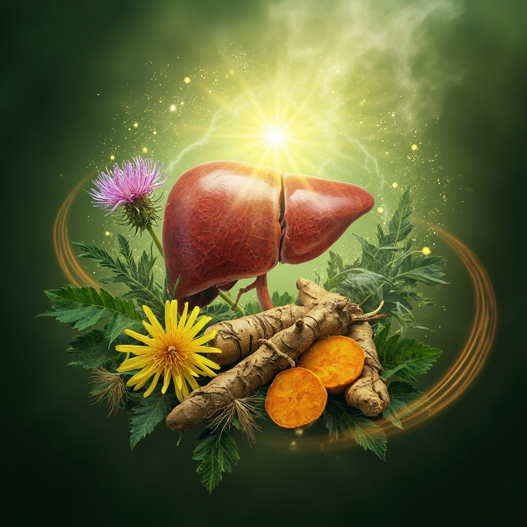 A serene illustration of a glowing human liver enveloped by fresh herbs like milk thistle flowers, dandelion leaves, licorice roots, and turmeric roots, with subtle energy waves in soft green and warm amber tones, evoking healing and balance.