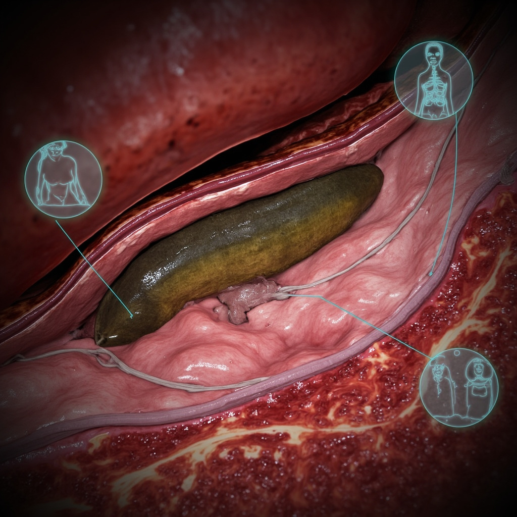 Realistic medical illustration of Fasciola hepatica liver fluke burrowing into a human liver, showing inflamed bile ducts, with subtle icons of tired person, abdominal pain, and anxious expression in soft blue tones.