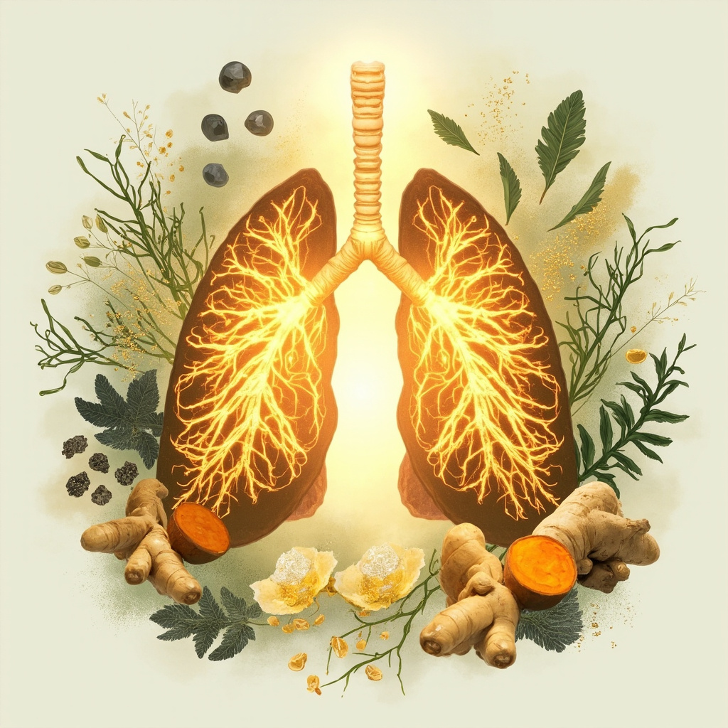 Illustration of open, glowing lungs breathing freely, encircled by fresh herbs like frankincense resin, licorice roots, black seeds, ginger, and turmeric in soft green and gold tones, evoking peace and natural healing.