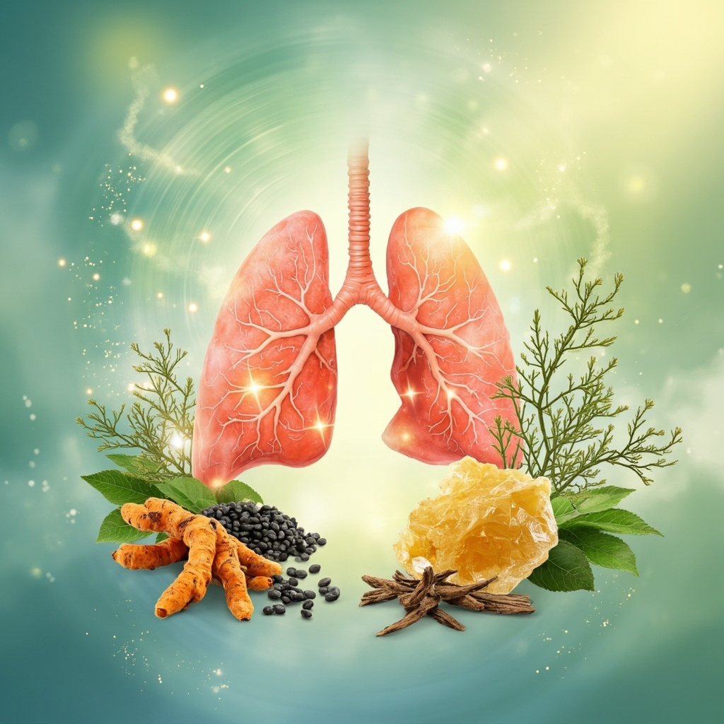 Serene illustration of open, healthy lungs breathing freely, surrounded by fresh herbs like turmeric roots, black seeds, licorice twigs, and frankincense resin, in soft green and blue tones with subtle energy waves.
