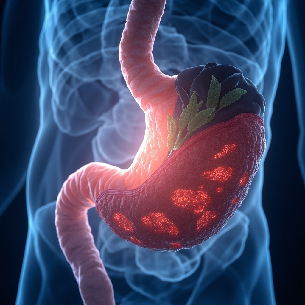 Serene anatomical illustration of a healthy pink stomach mucosa lining glowing with healing frequencies, contrasted with inflamed red lining under stress clouds, soft green herbs like licorice nearby, calming blue tones.