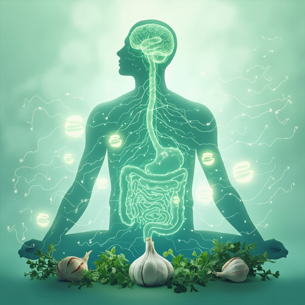 Serene illustration of human silhouette with glowing intestines and brain connected by neural pathways, E. coli bacteria icons fading into balance waves of sound frequencies and herbs like garlic and oregano, soft green and blue tones for healing and calm.