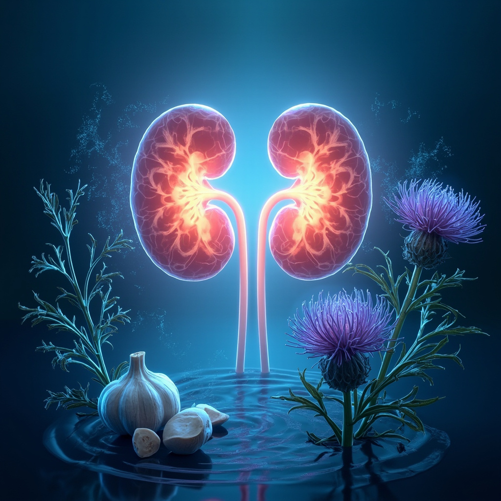 Illustration of glowing kidneys and liver under soft frequency waves, with herbal elements like garlic and milk thistle, calming blue tones evoking peace from anxiety.