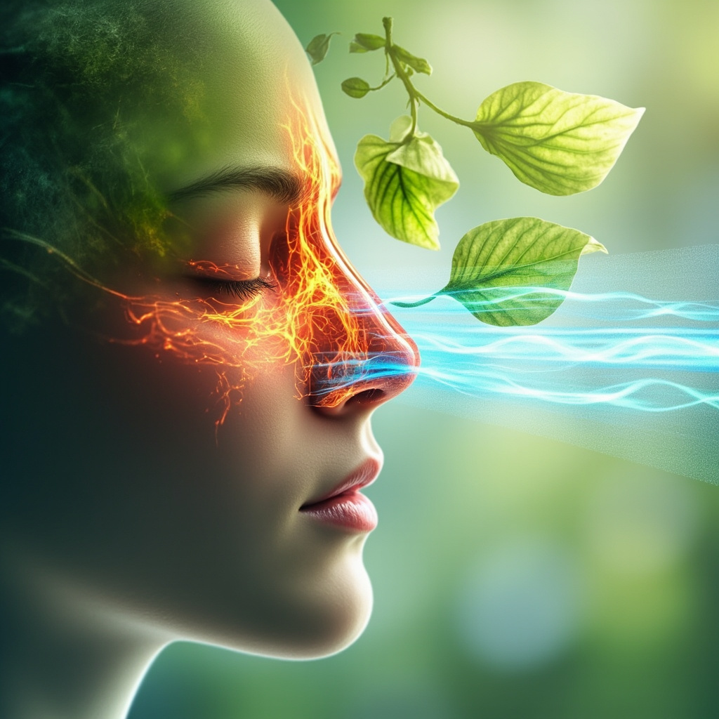 Serene illustration of inflamed human sinuses being soothed by glowing green herbal leaves like magnolia flowers and soft blue frequency waves, with a calm face emerging from pressure to relief, in soft natural light.