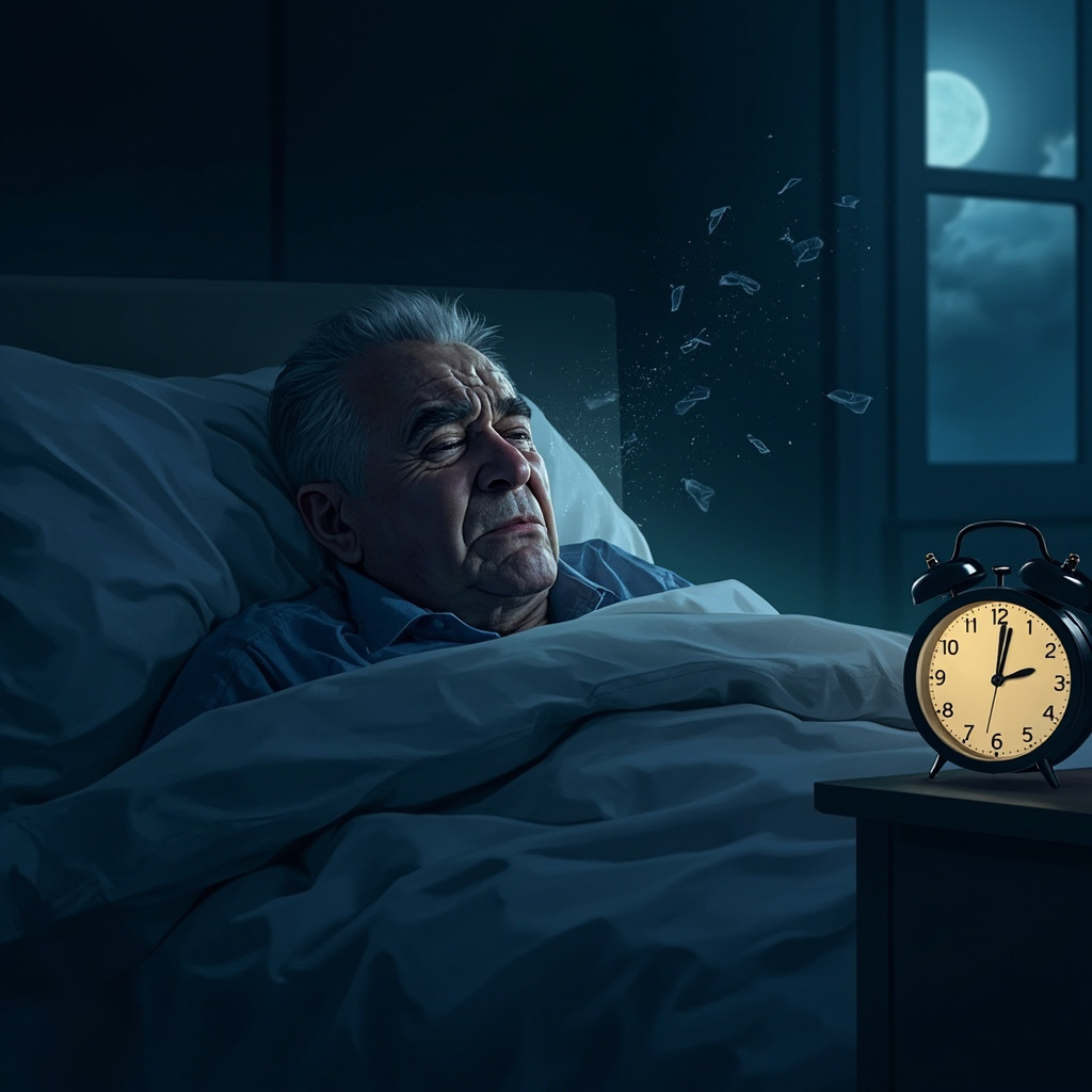 Realistic illustration of a middle-aged person lying awake in bed at night, nose stuffed, sneezing softly, clock showing 2 AM, pollen particles in air, dim bedroom lighting, expression of frustration and tiredness.
