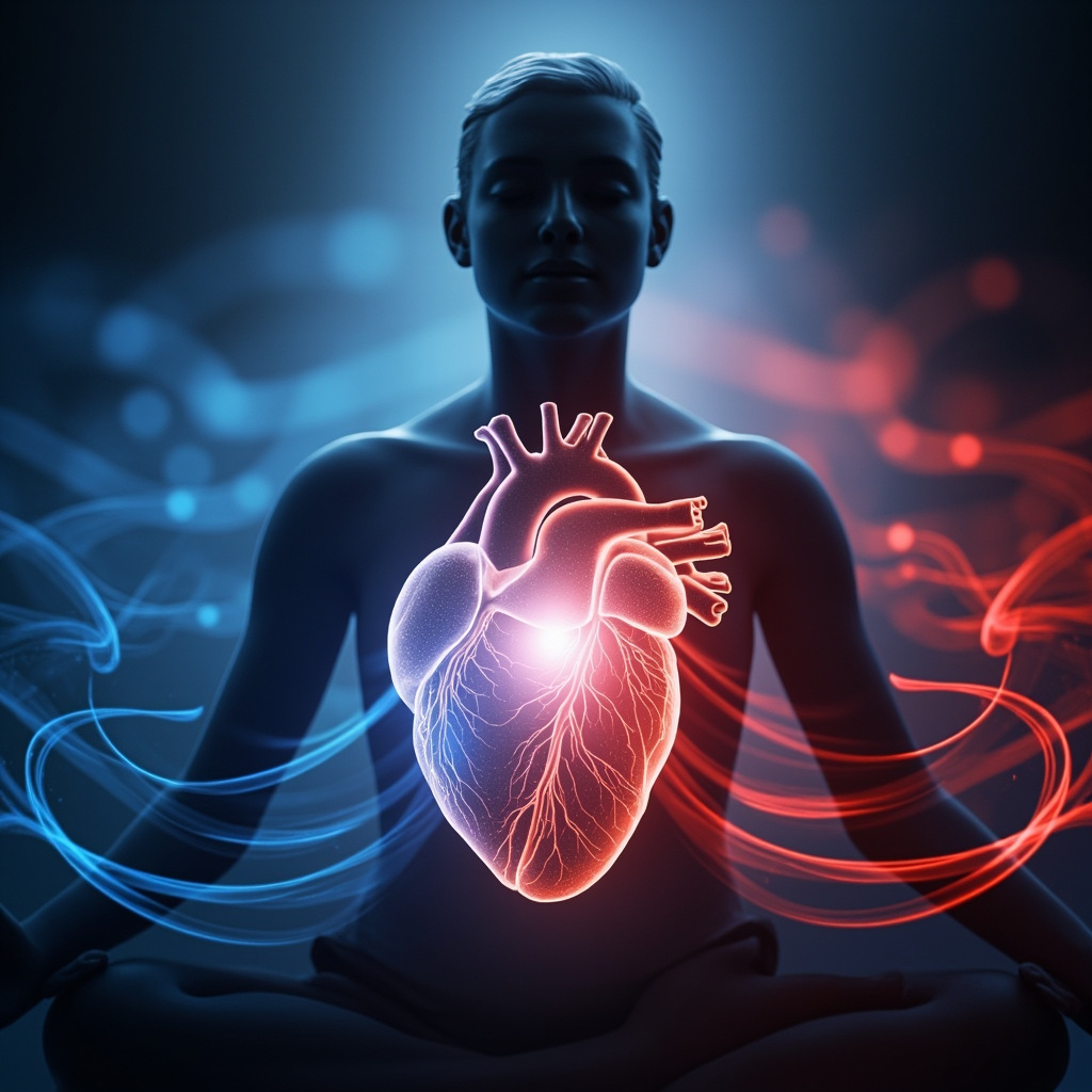 Illustration of a glowing human heart with balanced blue (calm) and red (alert) wave patterns flowing harmoniously, a relaxed person meditating in soft light, symbolizing autonomic nervous system balance