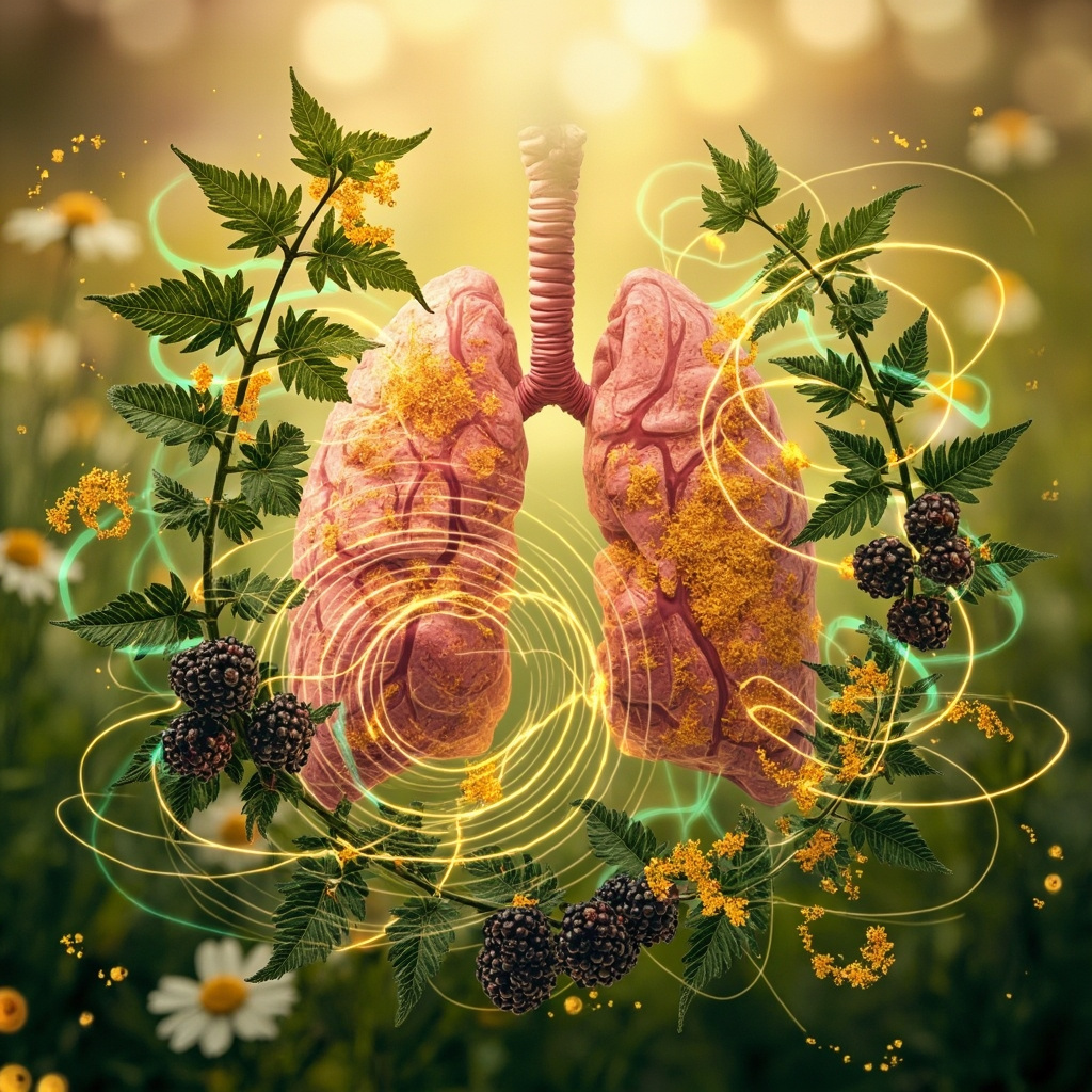 Illustration of tiny yellow pollen grains swirling around irritated pink lungs causing cough ripples, with calming green nettle leaves, elderberry clusters, and soft glowing frequency waves harmonizing the scene, in a serene spring meadow background.