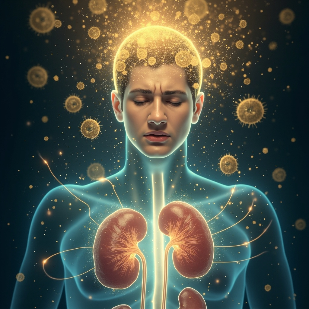 Serene body energy flow illustration: yeast harmonizing with immune cells, protecting kidneys liver spleen, soft healing lights, anxious face turning peaceful.