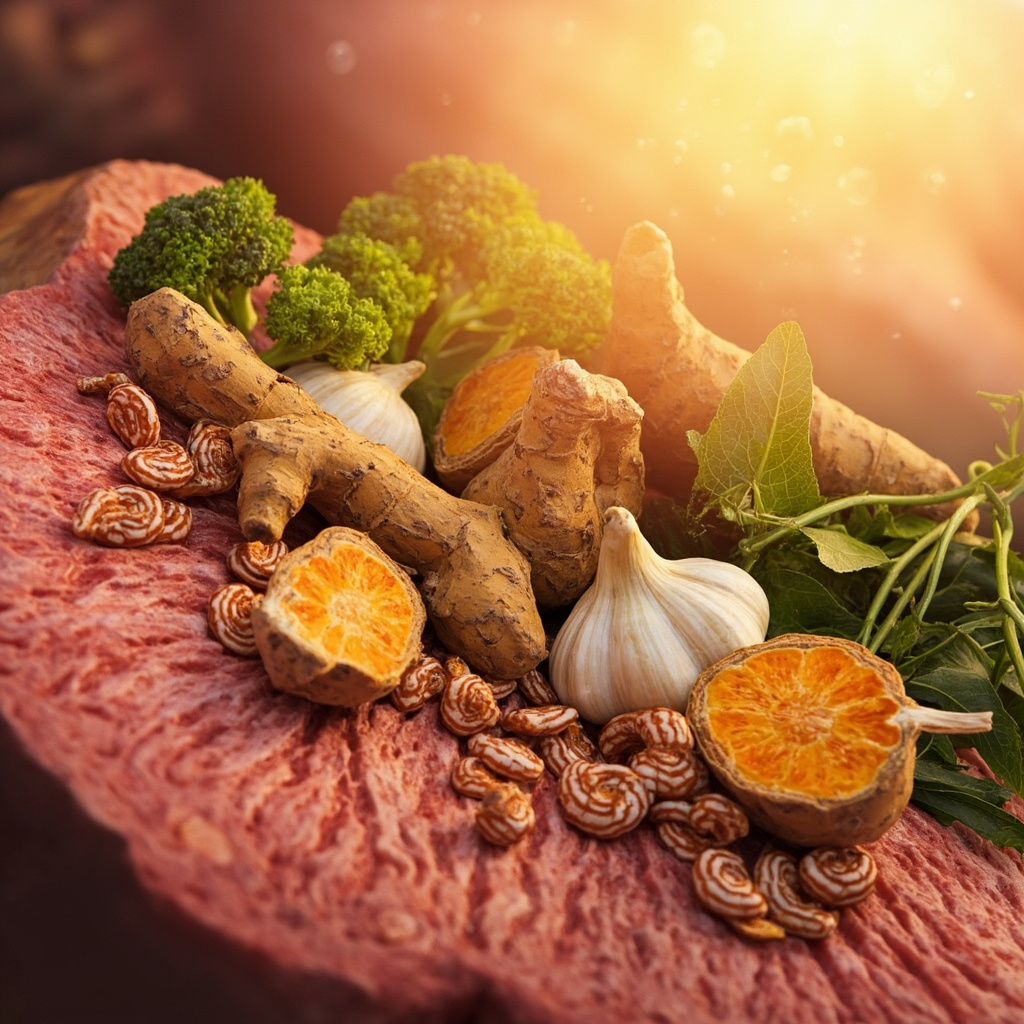 Illustration of spiral Helicobacter pylori bacteria embedded in inflamed pink stomach lining, with protective green herbal leaves like turmeric roots, broccoli sprouts, garlic cloves, and green tea branches gently overlaying and healing the area, soft glowing light symbolizing balance and recovery.
