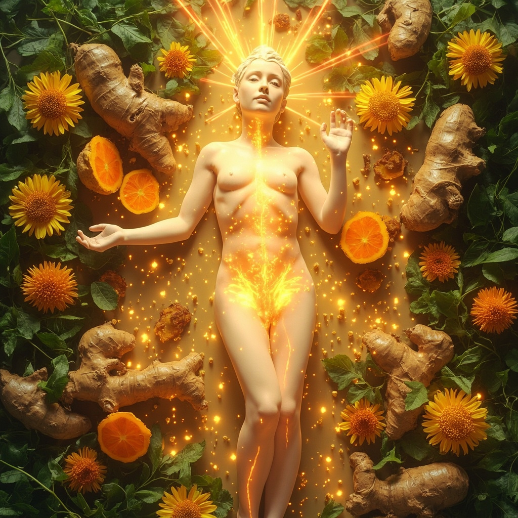 Serene illustration of vibrant herbs including golden turmeric roots, fresh ginger slices, green tulsi leaves, arnica flowers, and boswellia resin arranged around a glowing human figure with highlighted joints and muscles, soft light rays symbolizing pain relief and natural healing.