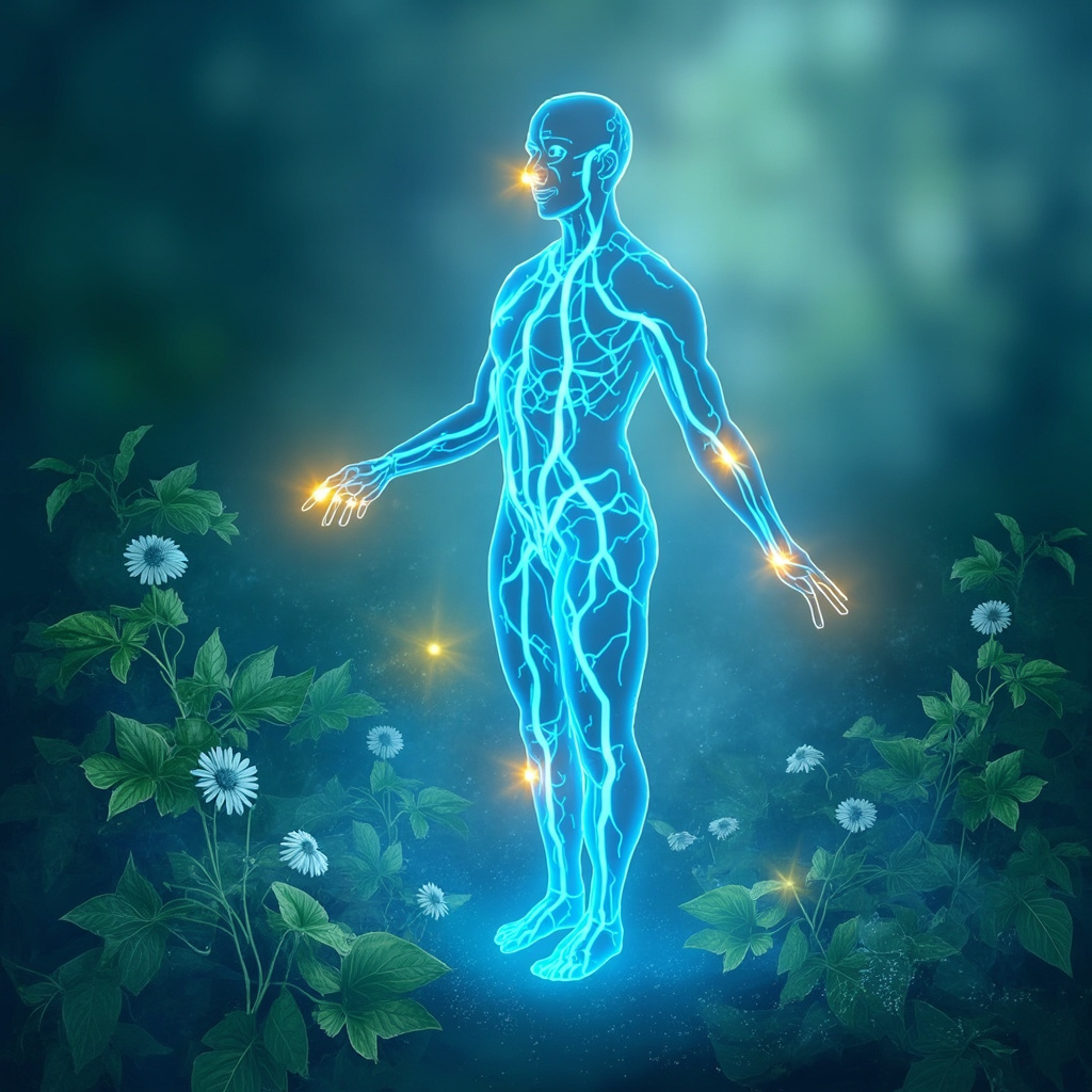 Serene digital illustration of human lymphatic system as glowing blue rivers flowing smoothly through body, highlighting nodes and vessels, surrounded by soft green herbs like echinacea and subtle acupuncture points LI4 LI11 SP6, warm healing light, no text.