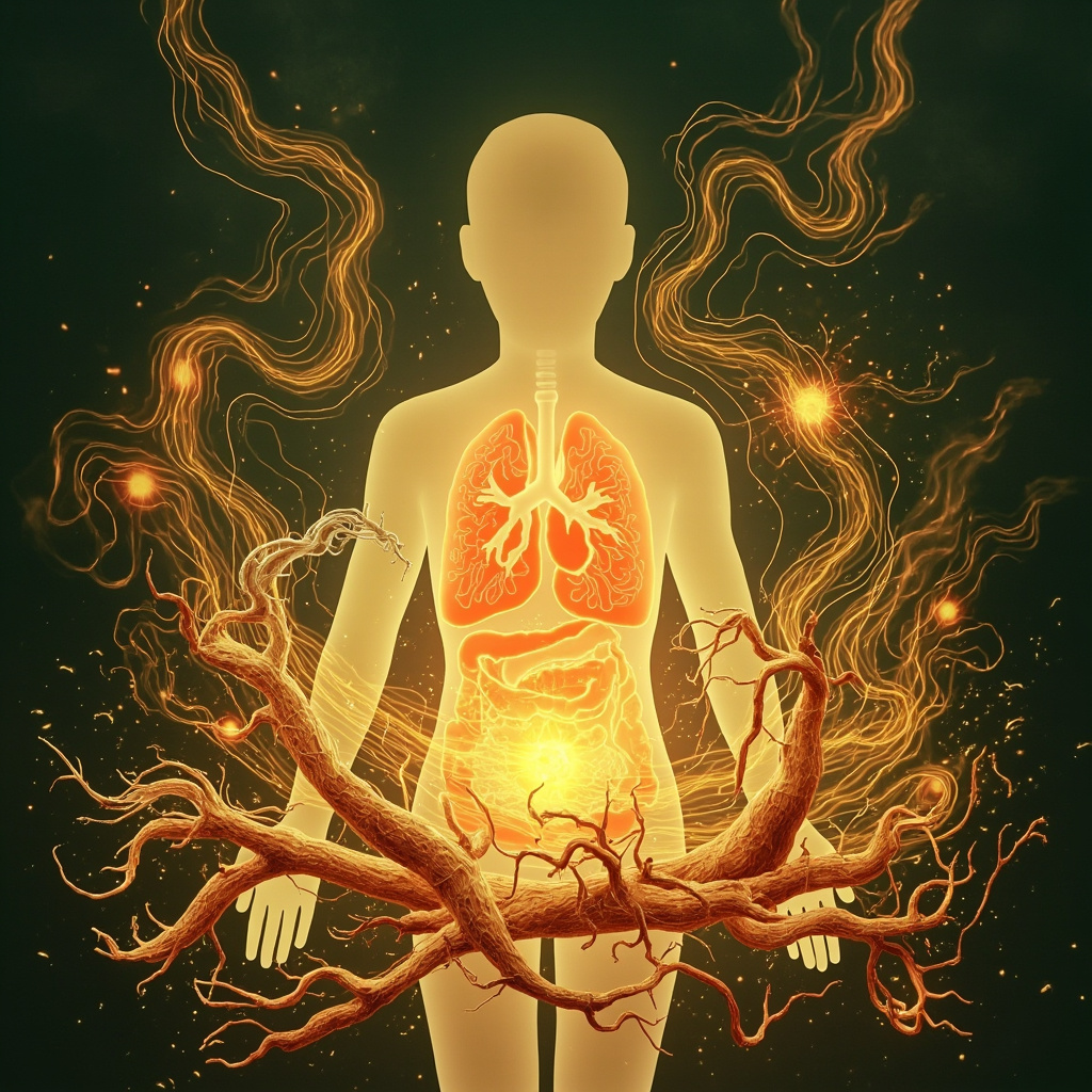 Soft illustration of astragalus roots, elderberry clusters, ginger slices, and nettle leaves arranged around a glowing human silhouette highlighting chest, hands, and legs for immune points, in calming green and warm earth tones.