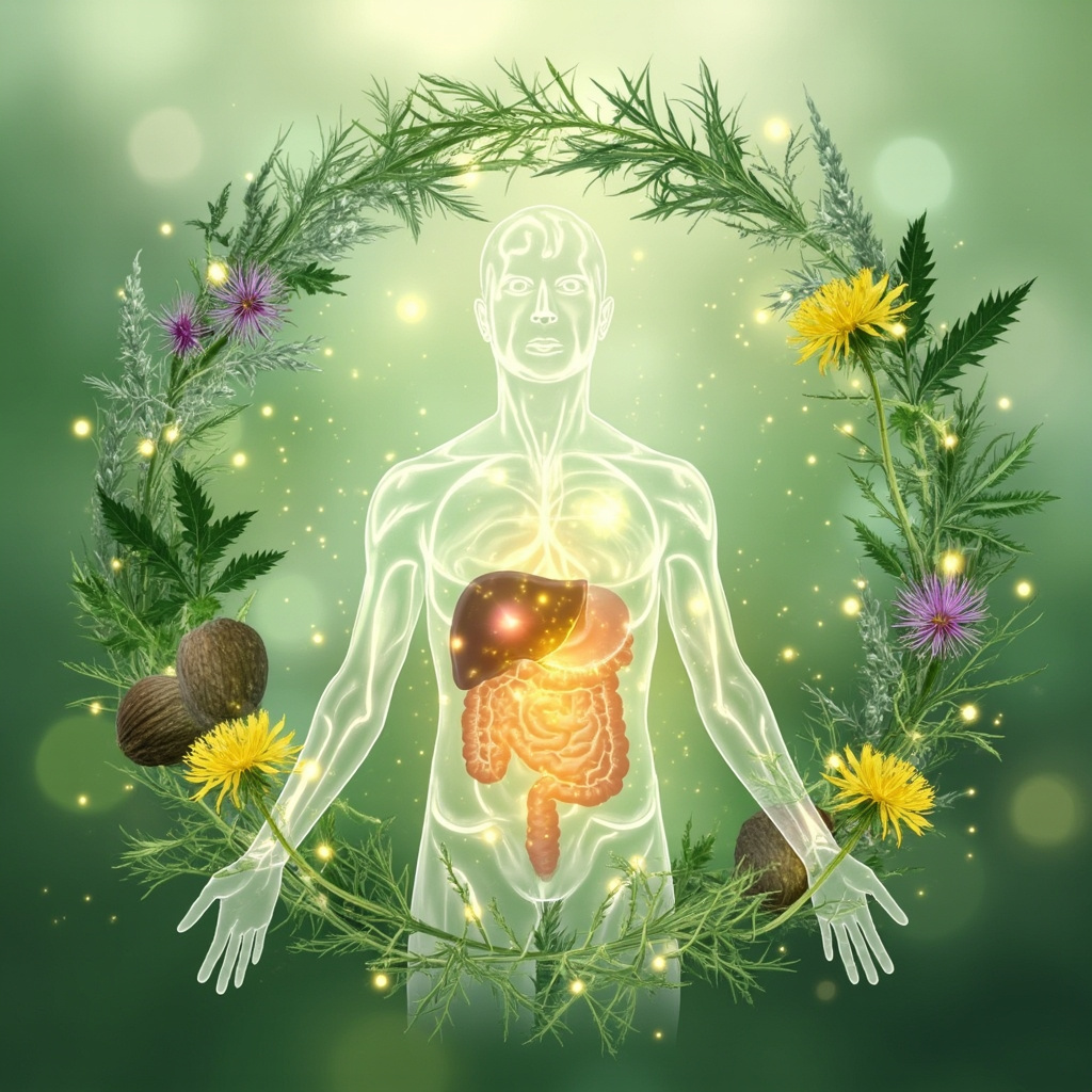 Serene illustration of fresh herbs like wormwood, black walnut, milk thistle, and dandelion arranged around a glowing human silhouette highlighting liver and intestines, soft green tones, healing energy vibes.