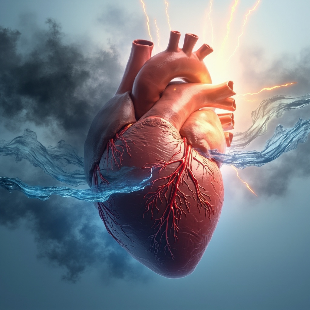 Illustration of the human heart highlighting glowing left pulmonary veins carrying red oxygenated blood from lungs, with soft blue waves transforming dark clouds of sadness into rays of emotional peace and balance, serene medical style.