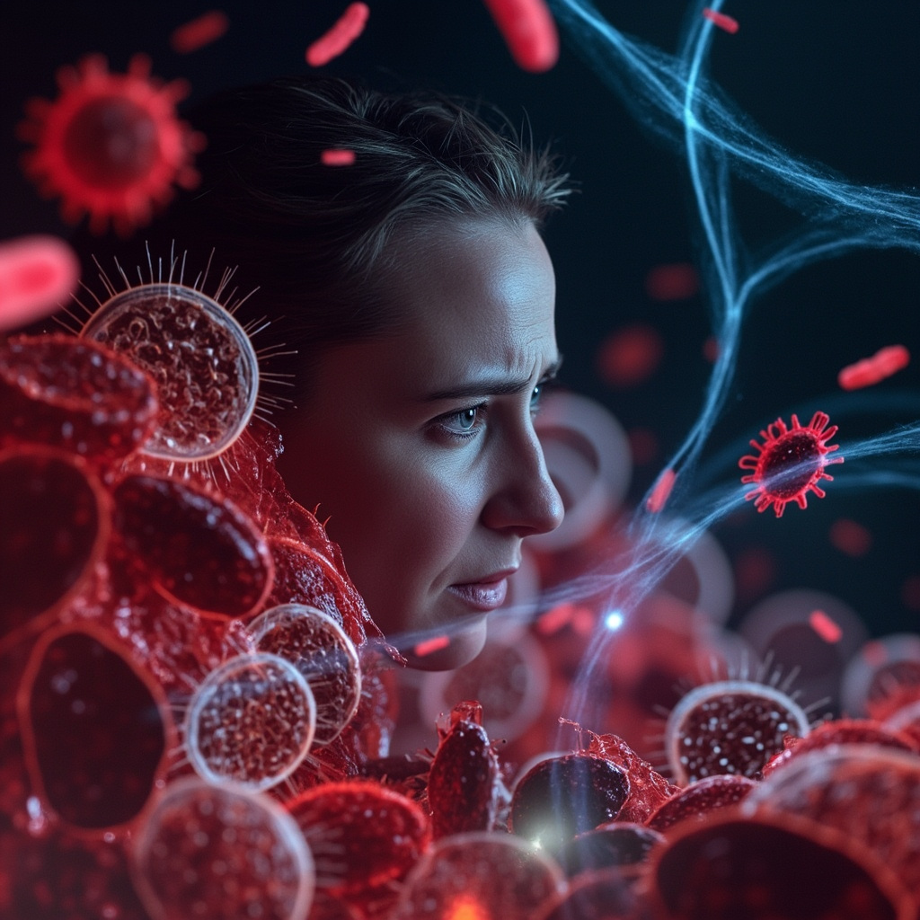 Realistic medical illustration of colorful bacteria and viruses infiltrating human cells in bloodstream, immune cells fighting back, with overlay of tired exhausted person, subtle energy waves balancing the scene