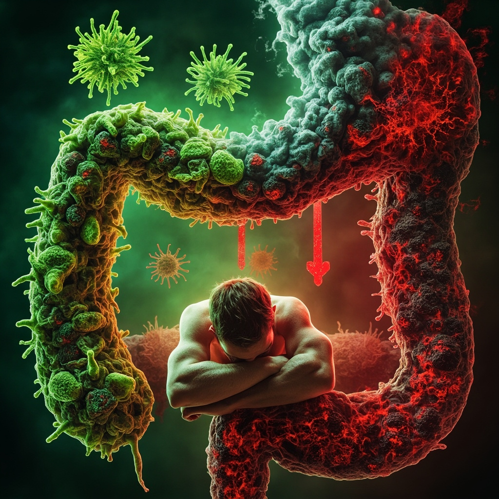 Vibrant illustration of human gut: green beneficial bacteria aiding digestion and boosting shield-like immunity, contrasted with red harmful parasites and bacteria causing fatigue waves, inflammation clouds, and energy drain arrows pointing to a tired figure