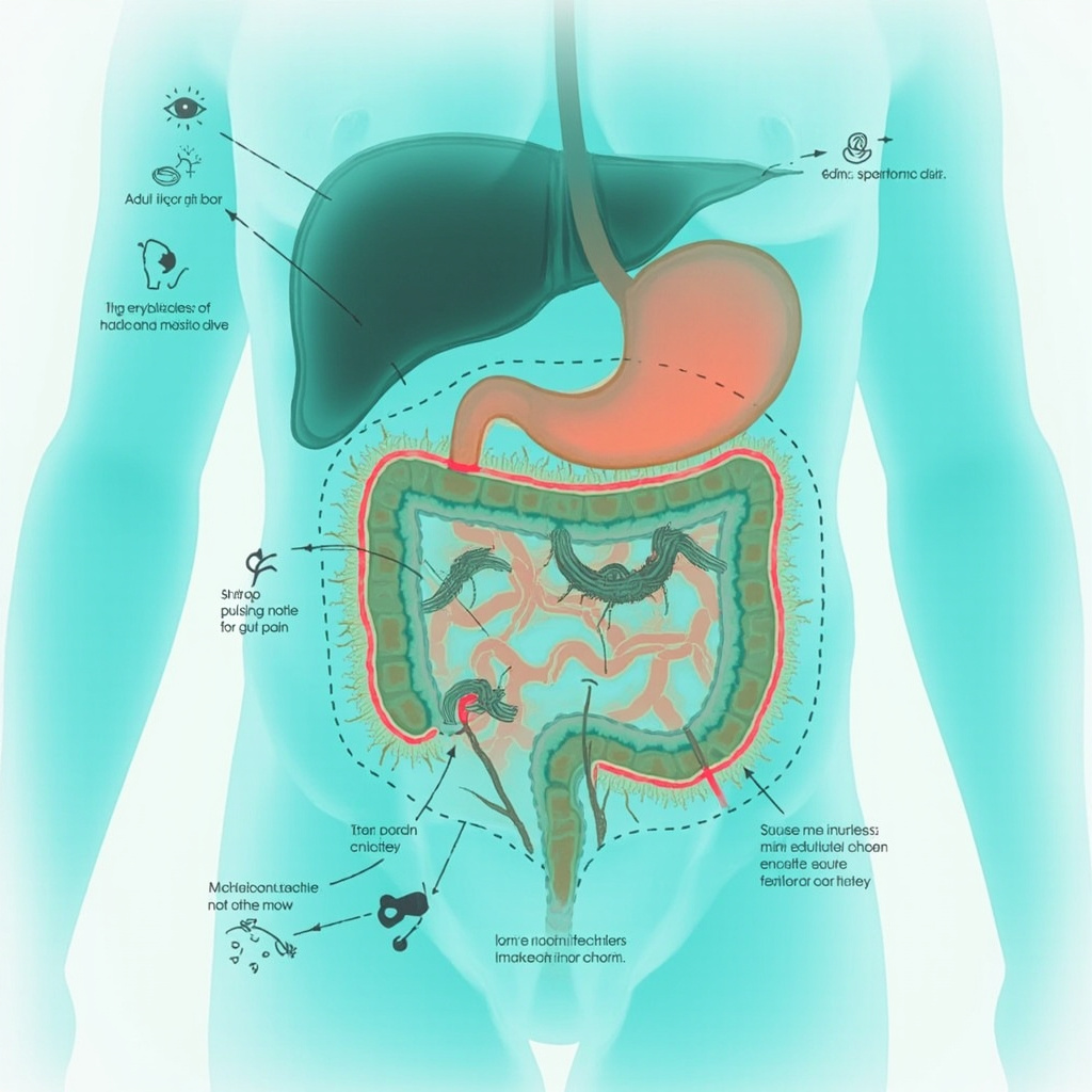 Prompt: Realistic anatomical illustration of Clonorchis sinensis liver fluke parasites residing in human bile ducts, causing inflammation, blockage, and symptoms like abdominal pain and fatigue icons overlayed, medical educational style, high detail
