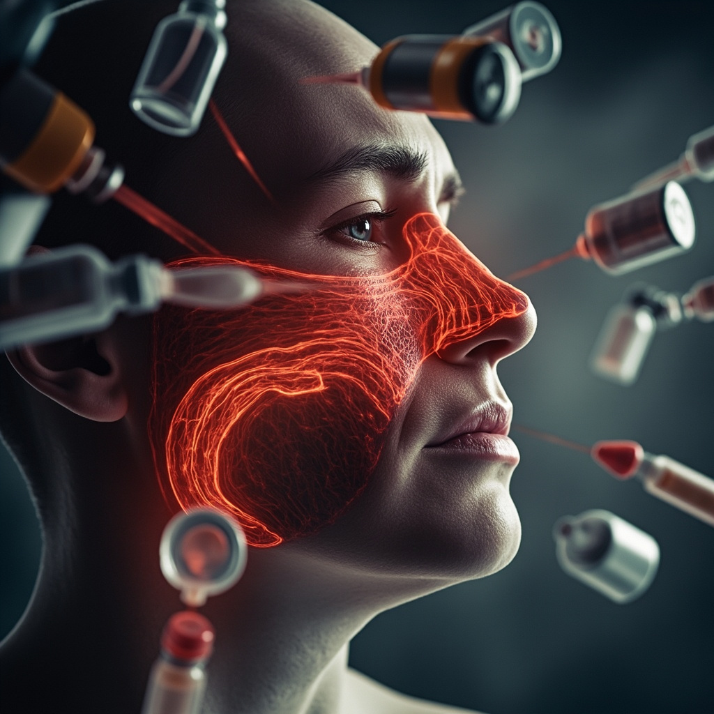 Realistic medical illustration of inflamed human sinuses under attack by chemical icons like perfume bottles, cleaning sprays, and paint cans, with red inflammation highlights and a pained face in background.