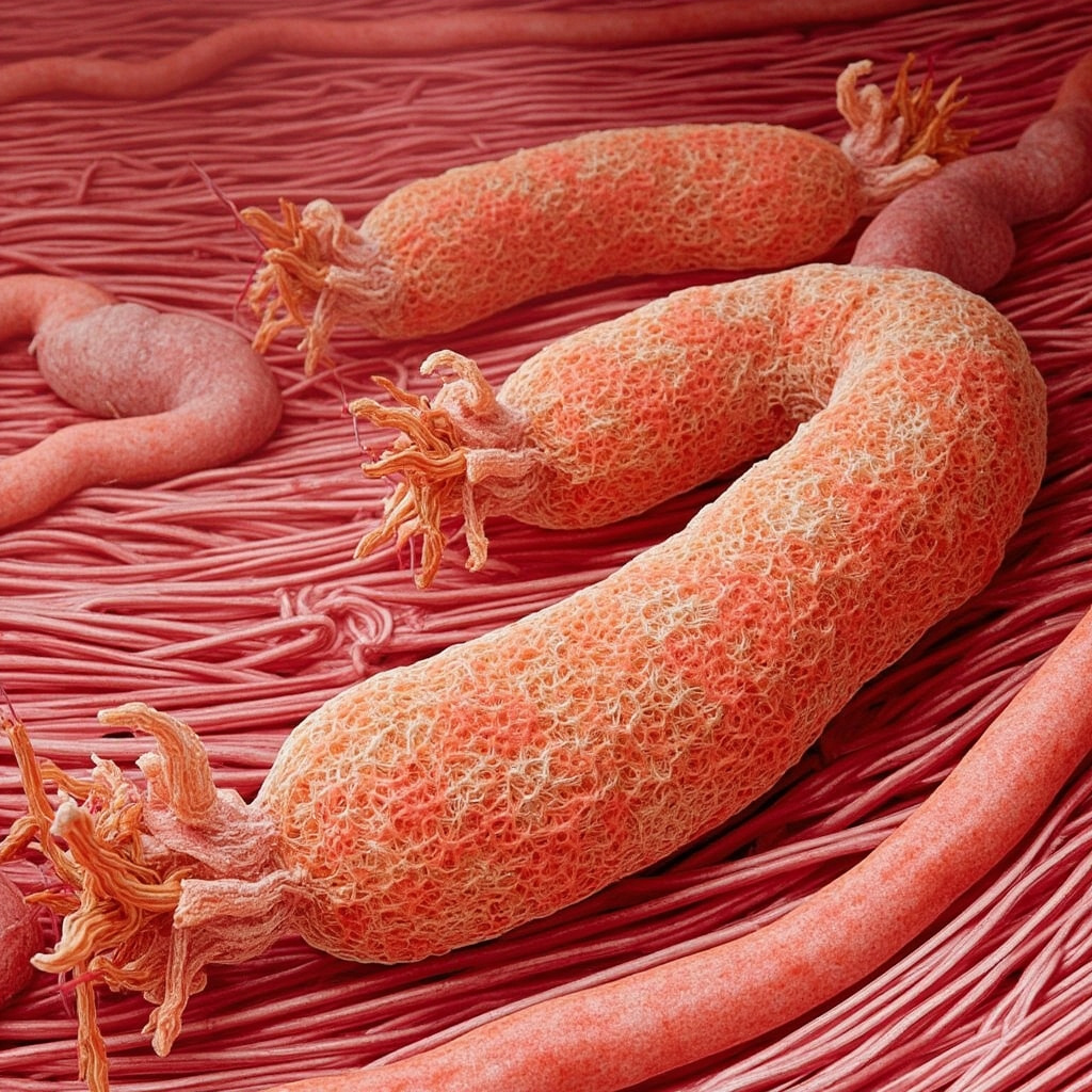 Microscopic scientific illustration of Sarcocystis parasite cysts embedded in human muscle tissue, showing inflammation and nerve irritation, in a clean educational style with labels