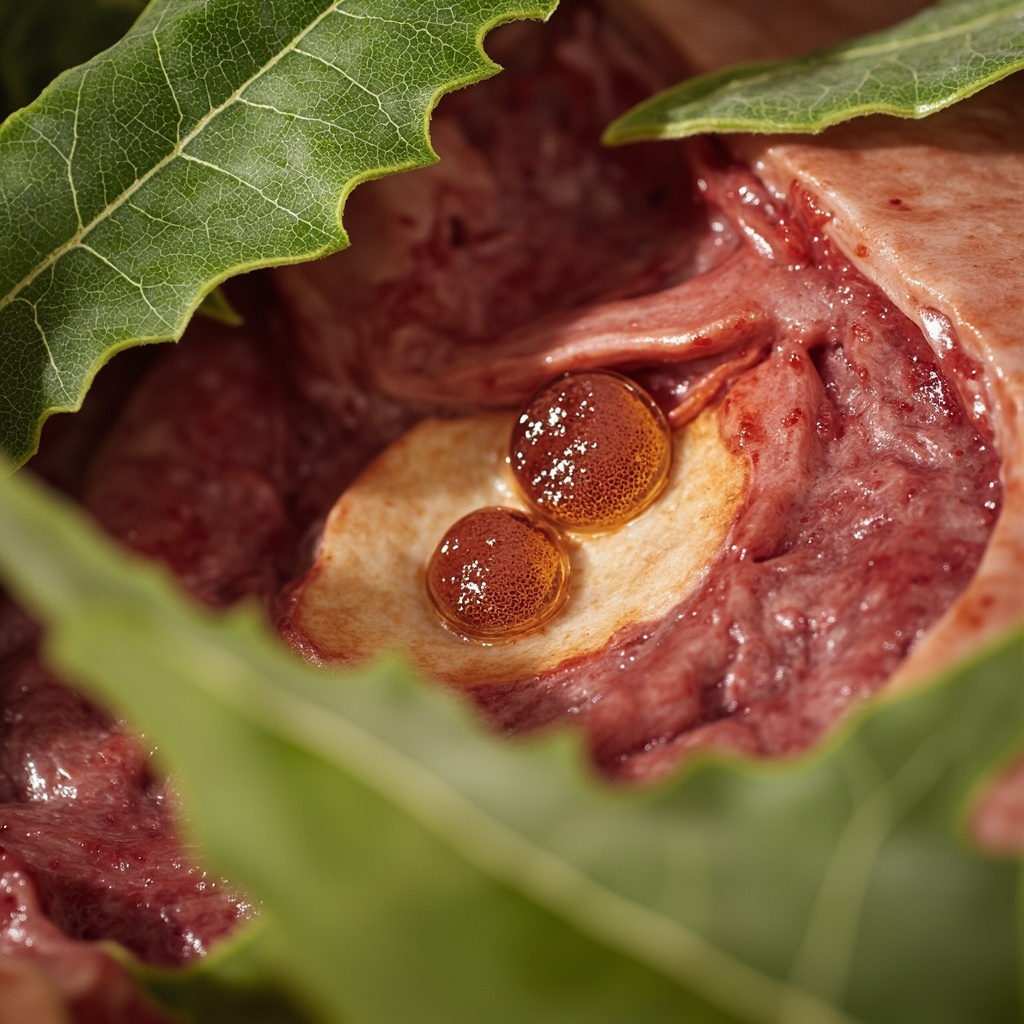 Realistic medical illustration of Schistosoma haematica eggs lodged in liver and intestinal tissues causing red inflammation, with green herbal leaves like milk thistle overlaying softly, symbolizing natural healing, high detail, educational style.